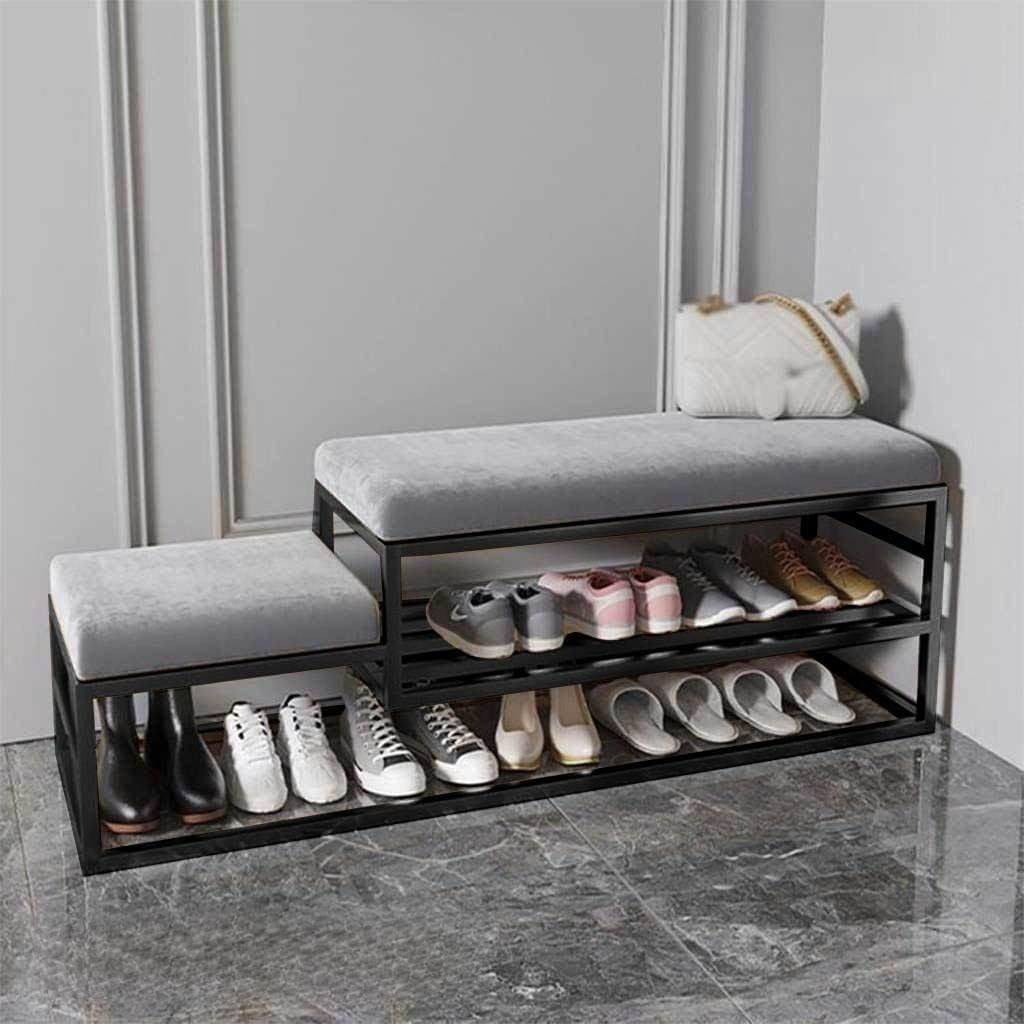 Bunket with Shoe Storage Rack, Steel Structure with Electrostatic Paint, Grey Velour Fabric, 110x40x60cm