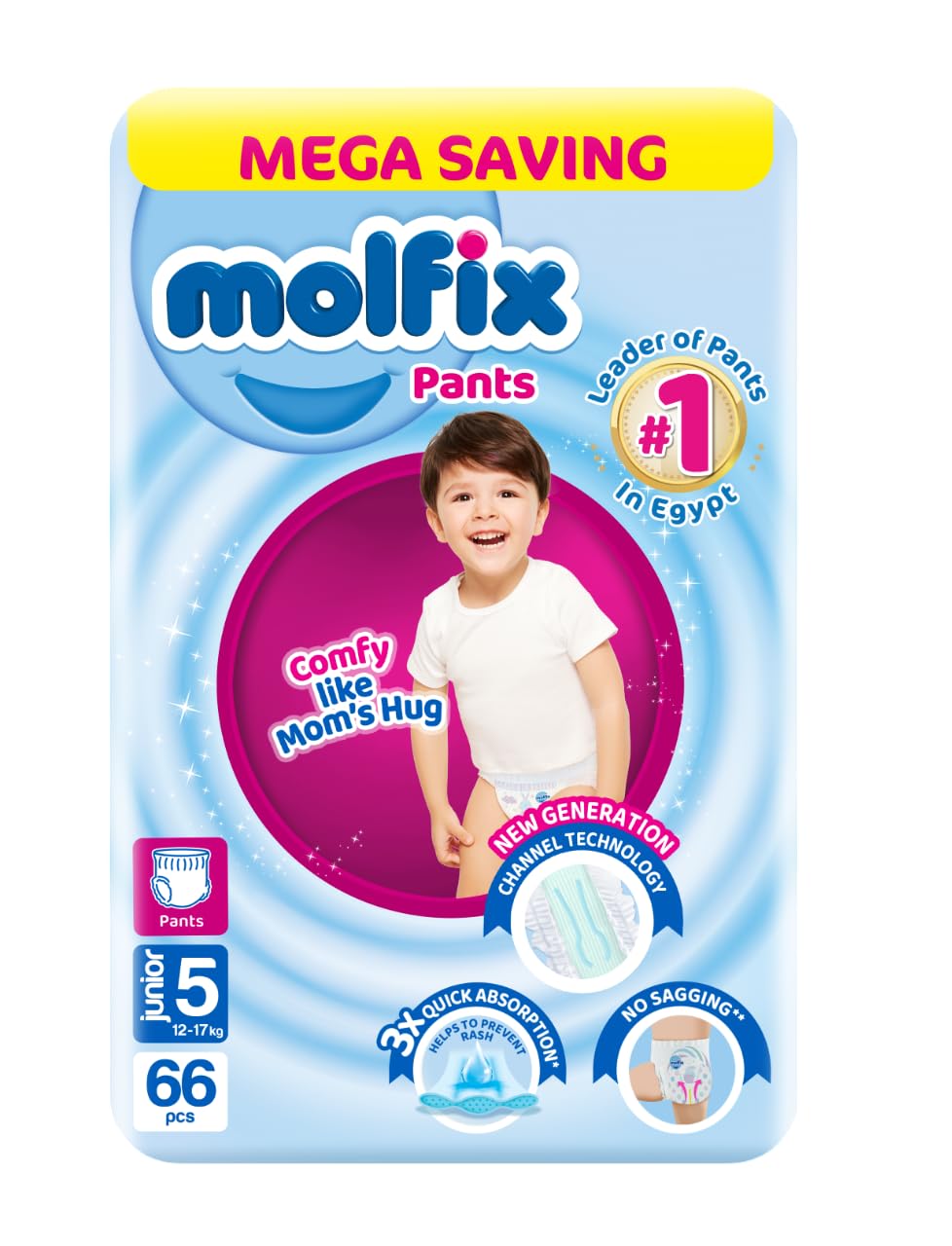 Molfix Baby Diaper Pants Size 5, Mega Pack, 12-15 KG, 66 Units, Molfix Pants Diapers, Size 5, 12-15 KG, Jumbo Pack, 66 Count, Cotton Material