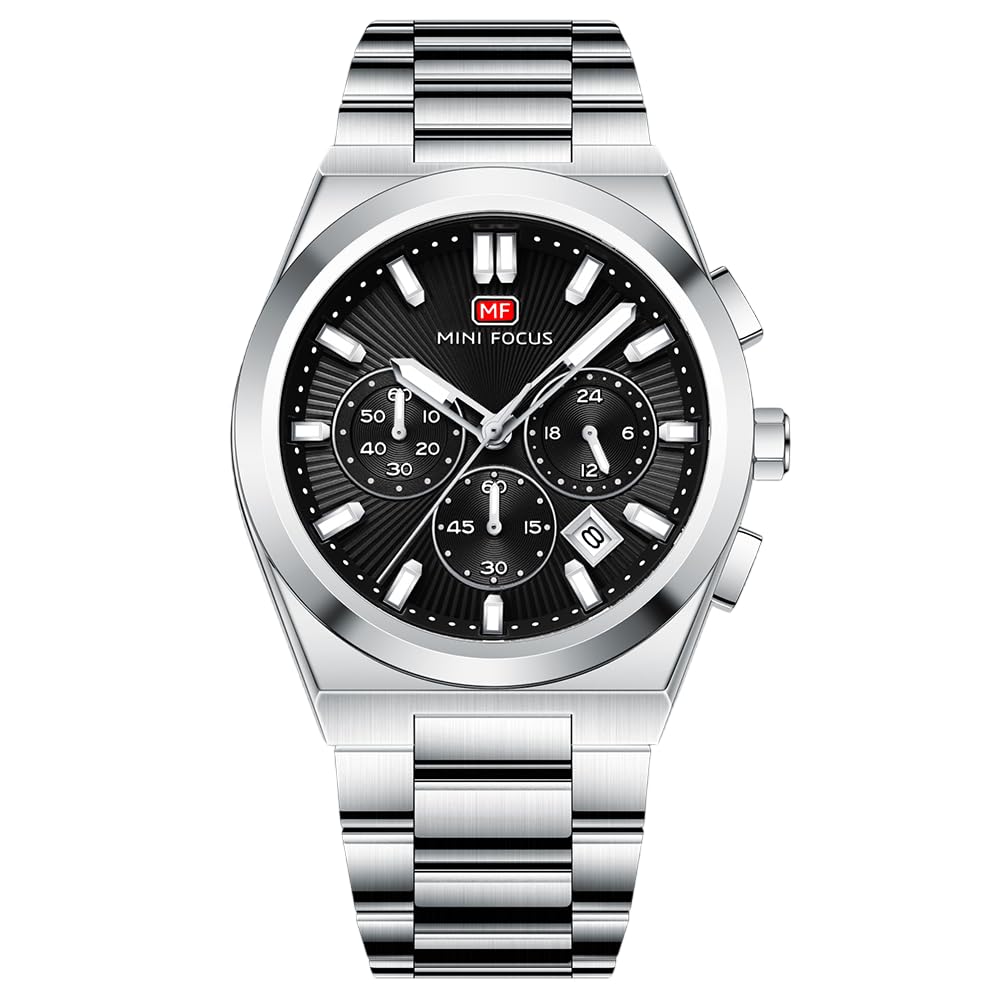 MF MINI FOCUS Men's Chronograph Watch with Stainless Steel Strap & Cobalt Dial & Date Display | Quartz Movement, 3 ATM Water Intake, 42Mm Round Case Wrist Watch for Business & Daily Styling (MF0614G)