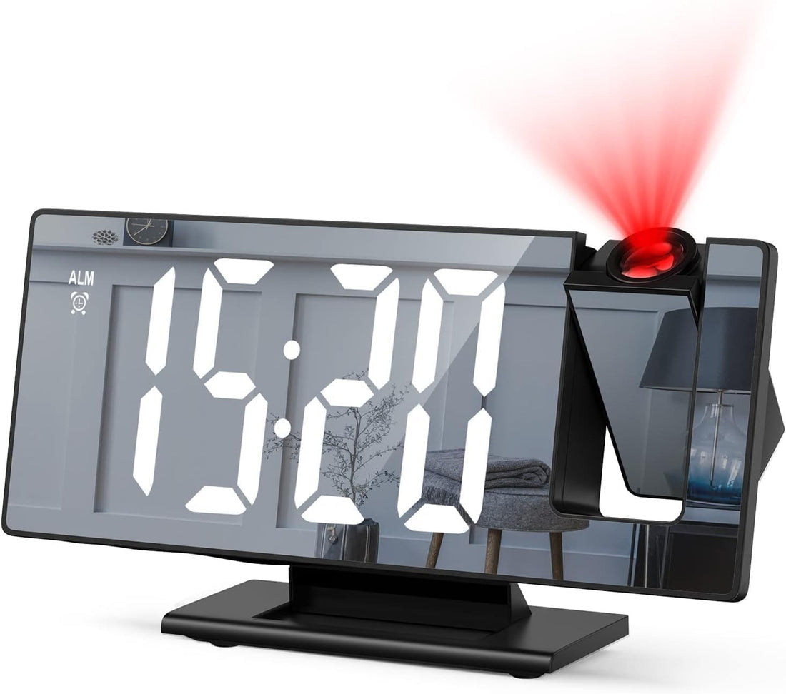 LED Mirror Clock Digital Alarm Clock Projector With Time Temperature Date Display Large Mirror Screen 3 Level Projection Brightness 180 Adjustable Snooze For Bedroom Office Home (Black)