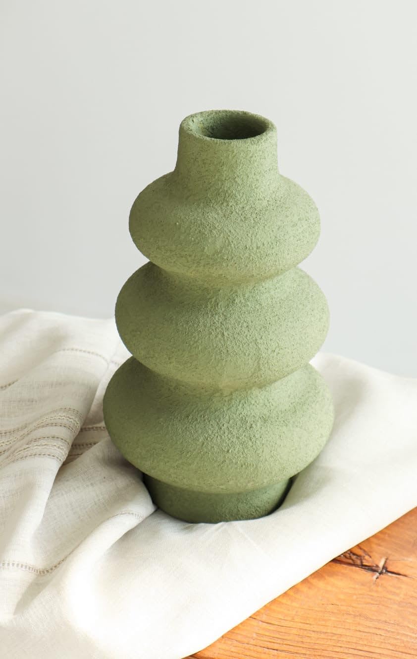 Lailo Vase, Handmade Sculptural Ceramic Vase, Modern Textured Decorative Vase, Scandinavian Minimalist Boho Home Decor for Living Room Shelf Table (GREEN)