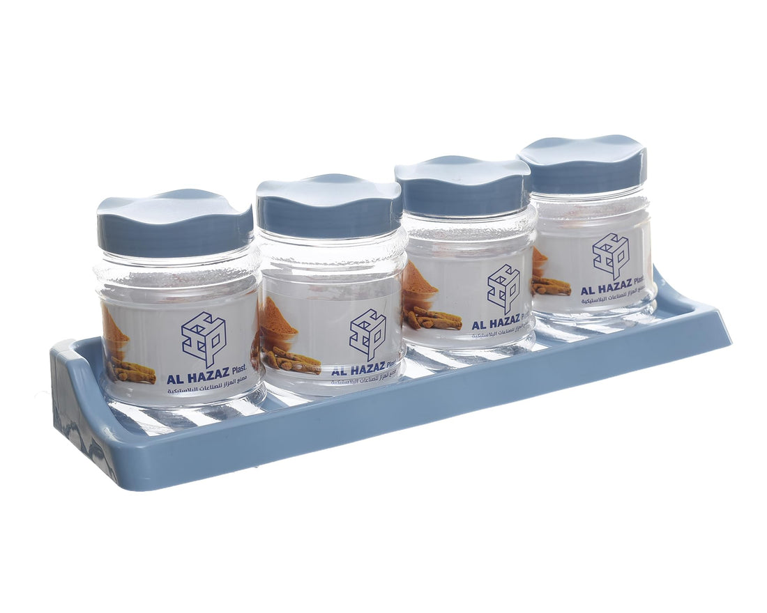 Al-Hazaz Plastic 4-Piece Spice Jar Set with Rotating Stand & Sifter Lids Premium Airtight Kitchen Seasoning Organizers for Countertop Storage - Sky Blue
