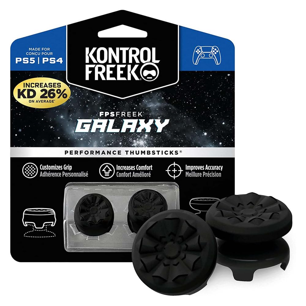 YARDHOBI FPS Freek Galaxy Black for PlayStation 4 (PS4) and PlayStation 5 (PS5), Performance Thumbsticks, Controller Joystick Cap Covers, Thumbstick Extender for PS5 (1 High-Rise, 1 Mid-Rise, Black)