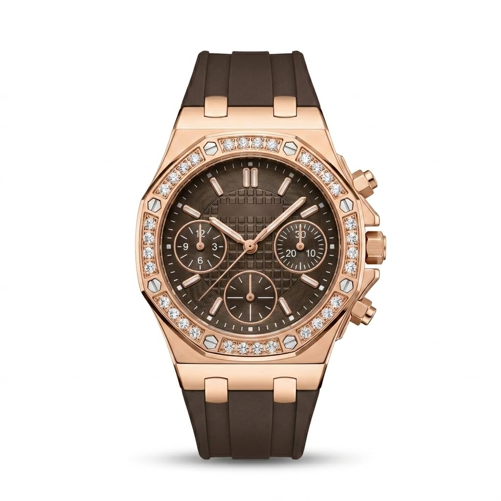 Luxury Women's Chronograph Watch, Rose Gold Case, Crystal Accented Bezel, Silicone Strap, Geometric Dial