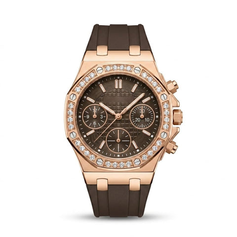 Luxury Women's Chronograph Watch, Rose Gold Case, Crystal Accented Bezel, Silicone Strap, Geometric Dial