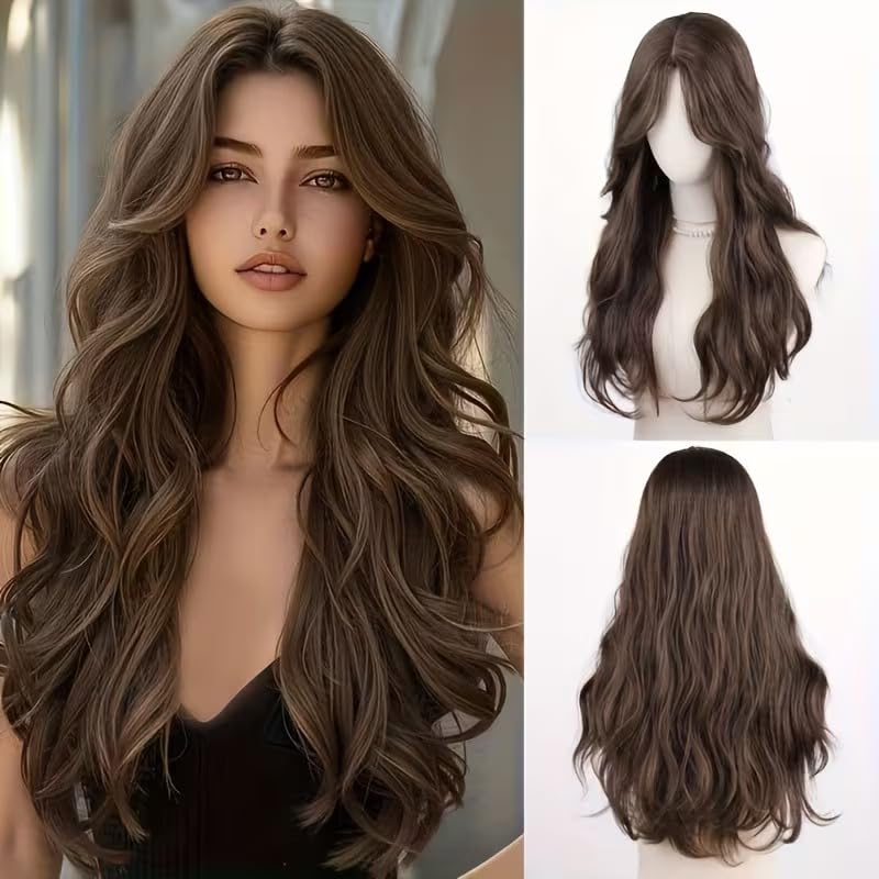 ECIF Long Brown Wig Synthetic Wavy Wig For Women, Female Natural Daily Hair With Middle Part Full Wigs For Everyday/Party/Cosplay