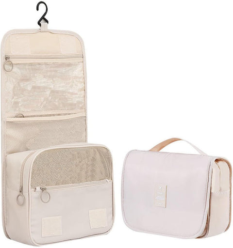 Hanging Travel Toiletry Bag, Veyarien Folding Waterproof Makeup Cosmetic Toiletries Bags Organizer for Women Ladies Girls (Beige)