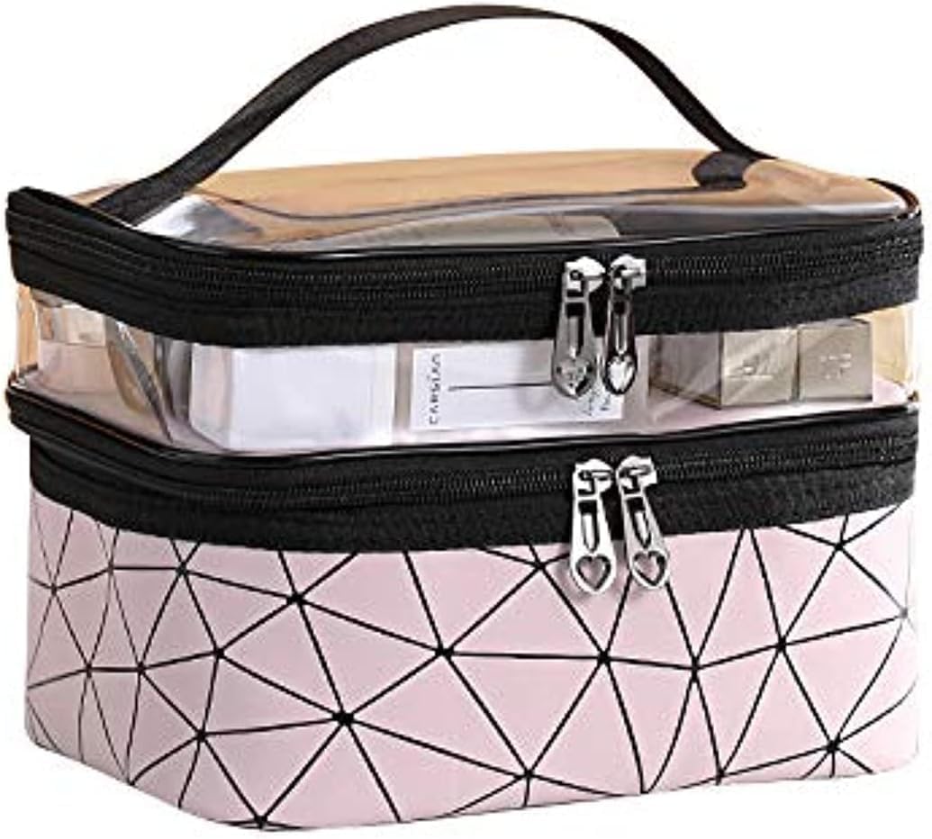 2 Layer Makeup Bag Cosmetic Bag Women Cosmetic Bag Waterproof PU Leather Travel Toiletry Bag (Pink)