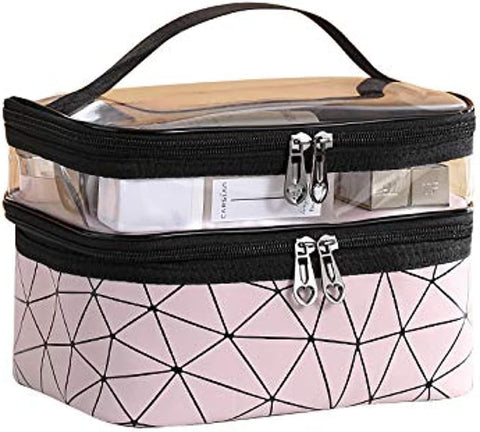 2 Layer Makeup Bag Cosmetic Bag Women Cosmetic Bag Waterproof PU Leather Travel Toiletry Bag (Pink)