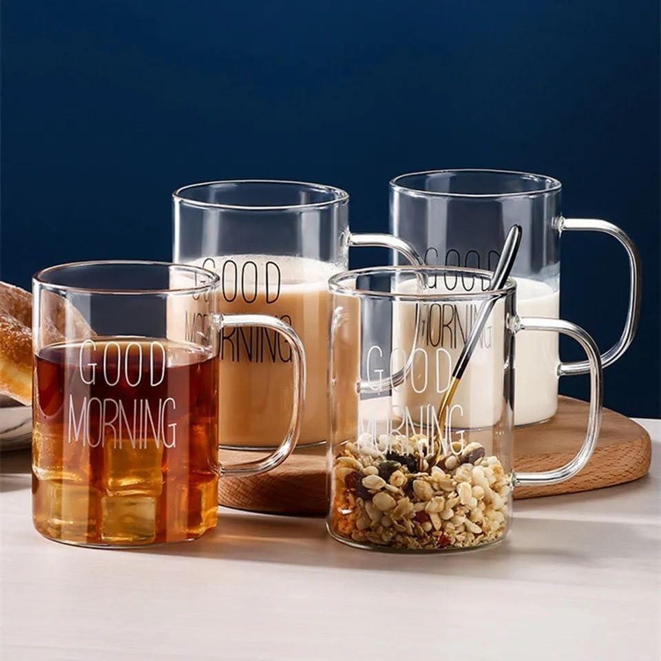 Good Morning 6 Piece Pyrex Glass Coffee Mug Set (90ml, 5.5 cubic inches) - Heat Resistant, Dishwasher Safe - Perfect for Home/Office/Trips