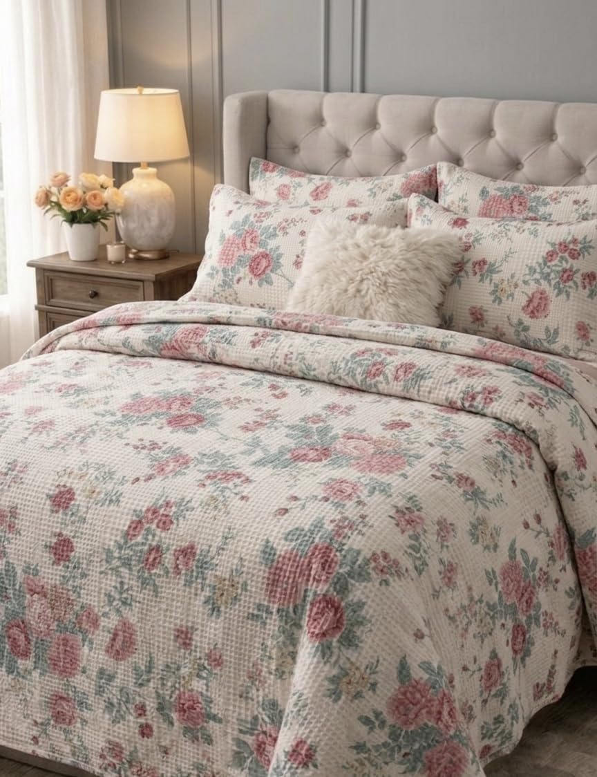 Floral Cotton Bedspread Quilt 220×240 cm – Lightweight Botanical Bed Cover Blanket – Soft Quilted Bedspread for Queen & King Bed (Rose Floral)