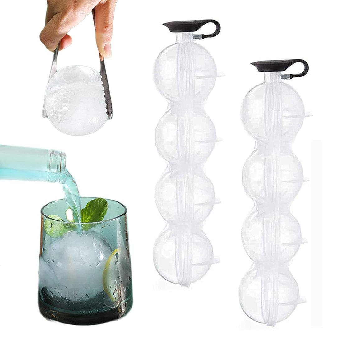 Generic Whiskey Ice Ball Maker Mold, 2 Pack DIY Mould, 4-Hole Round Ice Cube Tray, 2.2 Inch Circle Ice Cube Maker, 2 x Ice Cube Trays, Clear Plastic & Silicone, Keeps Drinks Chilled