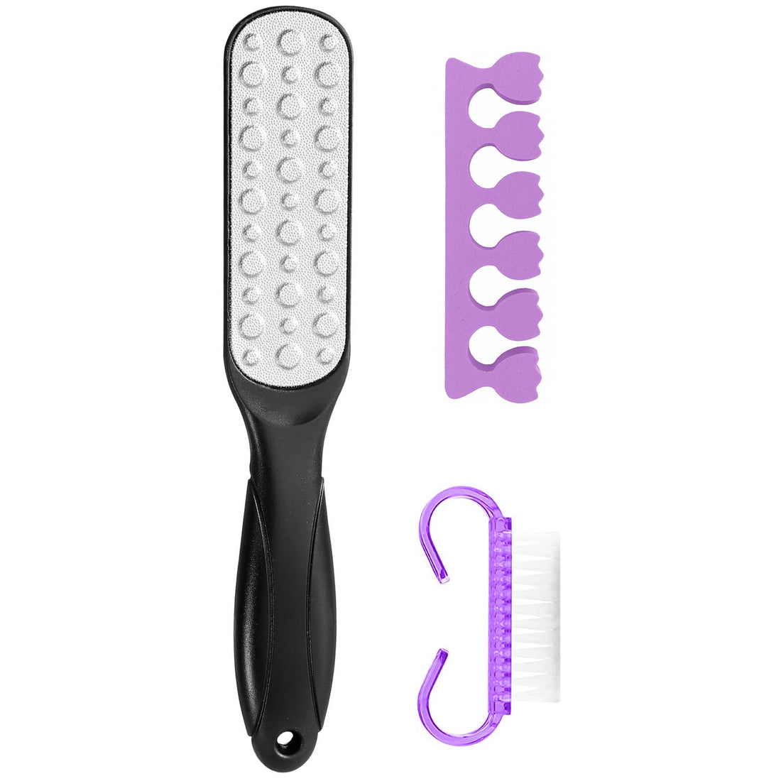 Pedicure Set - Set Of 3 Pieces, Foot File & Nail Brush, Fingers Separator, Double Sided File For Foot Scrubber, Foot Rasp For Cracked Heel & Foot Corn Removal, Dead Skin (Black & Purple)