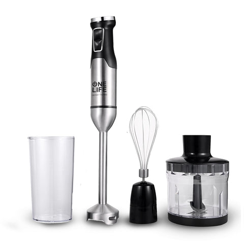 One Life Hand Blender HB1500SI -1500W 5 Speed Stainless Bearing 4 Blades + 600ml Bowl + Choper 500ml + Stainless Steel Whisk