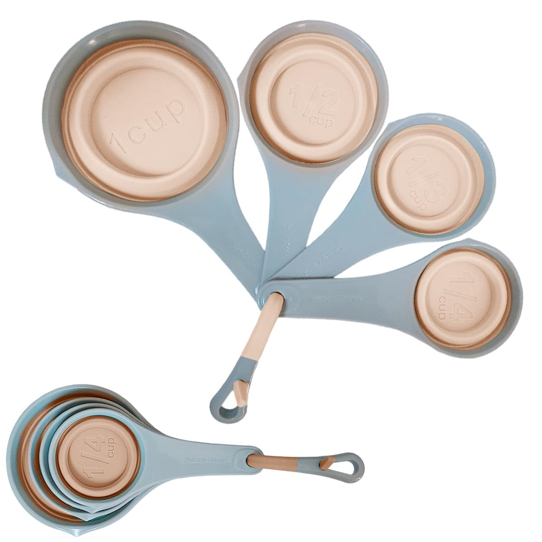 Measuring Cups Set of 4 Sizes (59ml, 79ml, 118ml, 237ml), Foldable Silicone Design for Space Saving, Easy to Store with Hook, Individual Use Spoons (Pink)