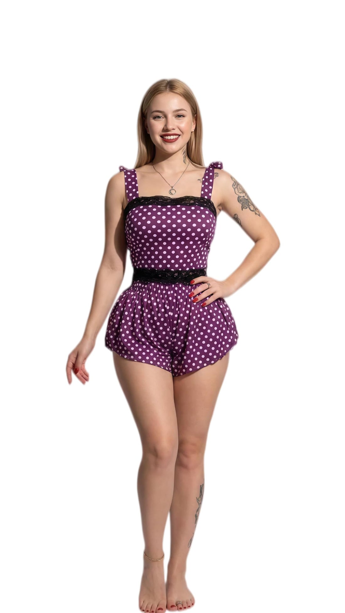 MANIKAN Women's Pajama Polka Dot Two-Piece Set Lace Trim Crop Top and Shorts