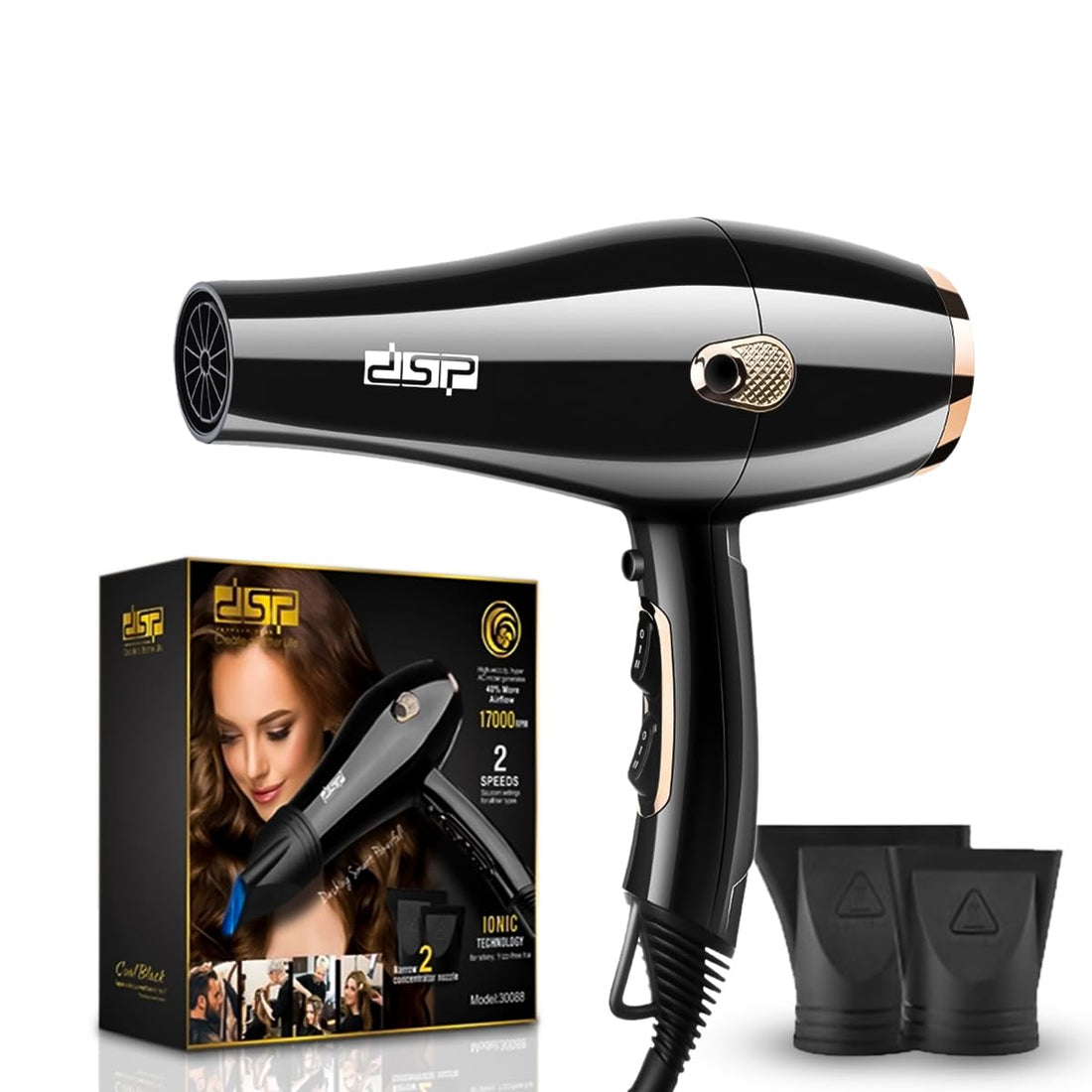 DSP hair dryer, 1600W, with AC 5413 Copper Motor, 2 Speeds & 2 Temperature Settings, 17,000 RPM, Ionic Technology for Shiny, Frizz-Free Hair, model: 30088