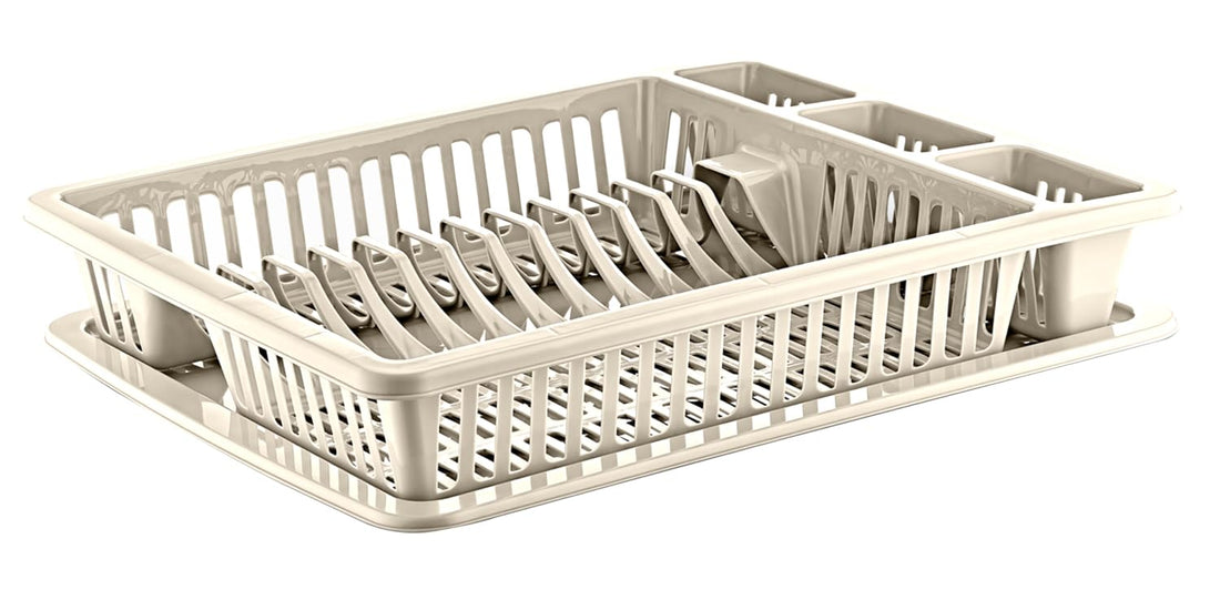 Best House Dish Drainer Rack Large Plastic Dish Drainer Plate Cutlery Cup Holder with Drip Tray, Cutlery Rack Kitchen Sink Utensil, Food-Grade BPA-Free - Kitchen Organizer (Cream, Pack of 1)