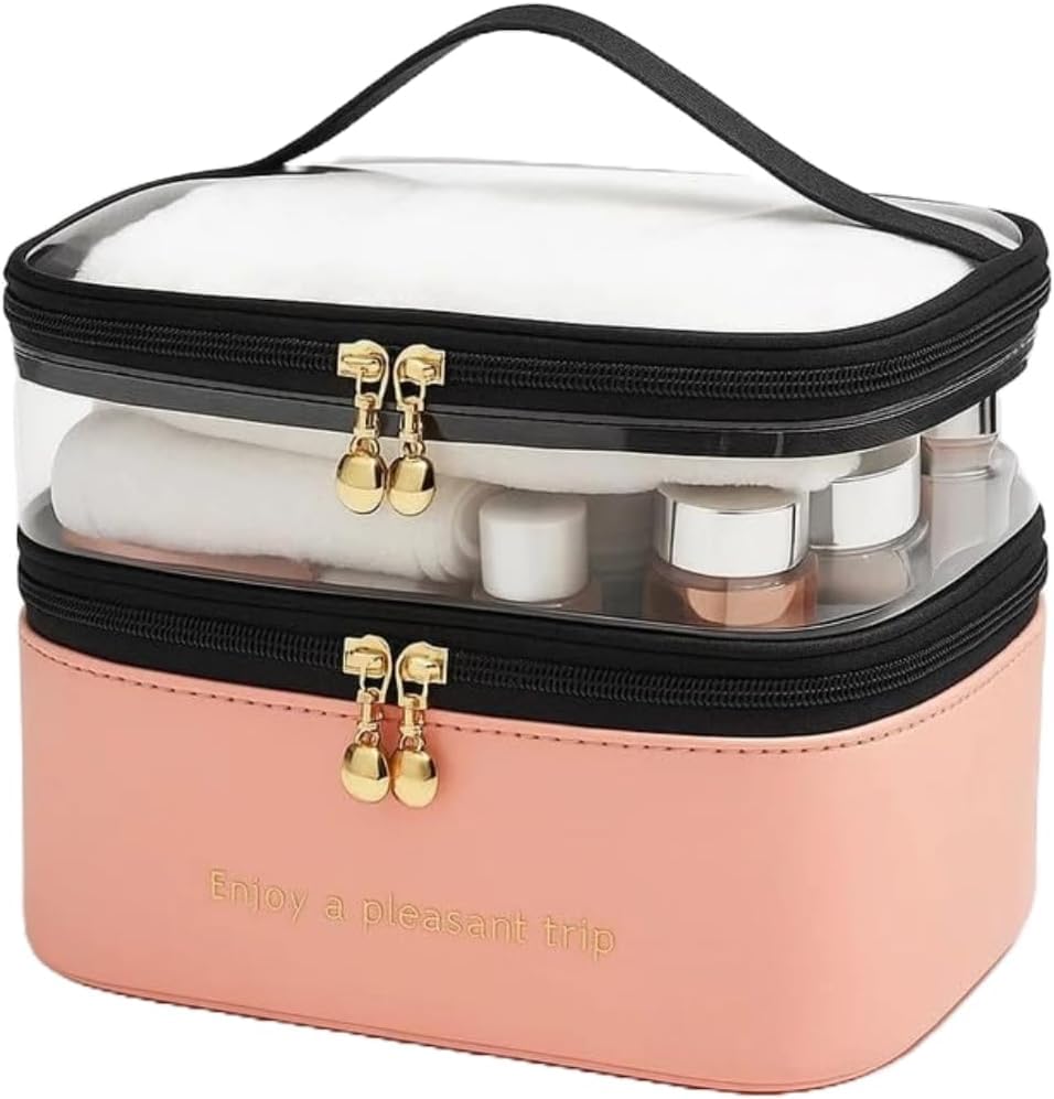 Circle M Cosmetic Bag Double-Level Waterproof Pink Adjustable Dividers