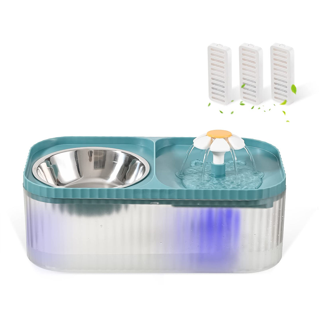 Cat Water Fountain and Food Bowl, 3L/101oz Ultra Quiet Pet Water Dispenser with LED Light Smart Pump and 3 Replacement Filters, Automatic Flower Fountain & Stainless Steel Bowl (Blue)