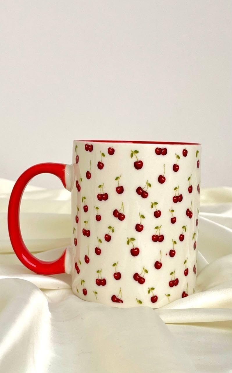 Porcelain Mug, White with Red Handle, 250ml, for Hot and Cold Drinks, .Ais