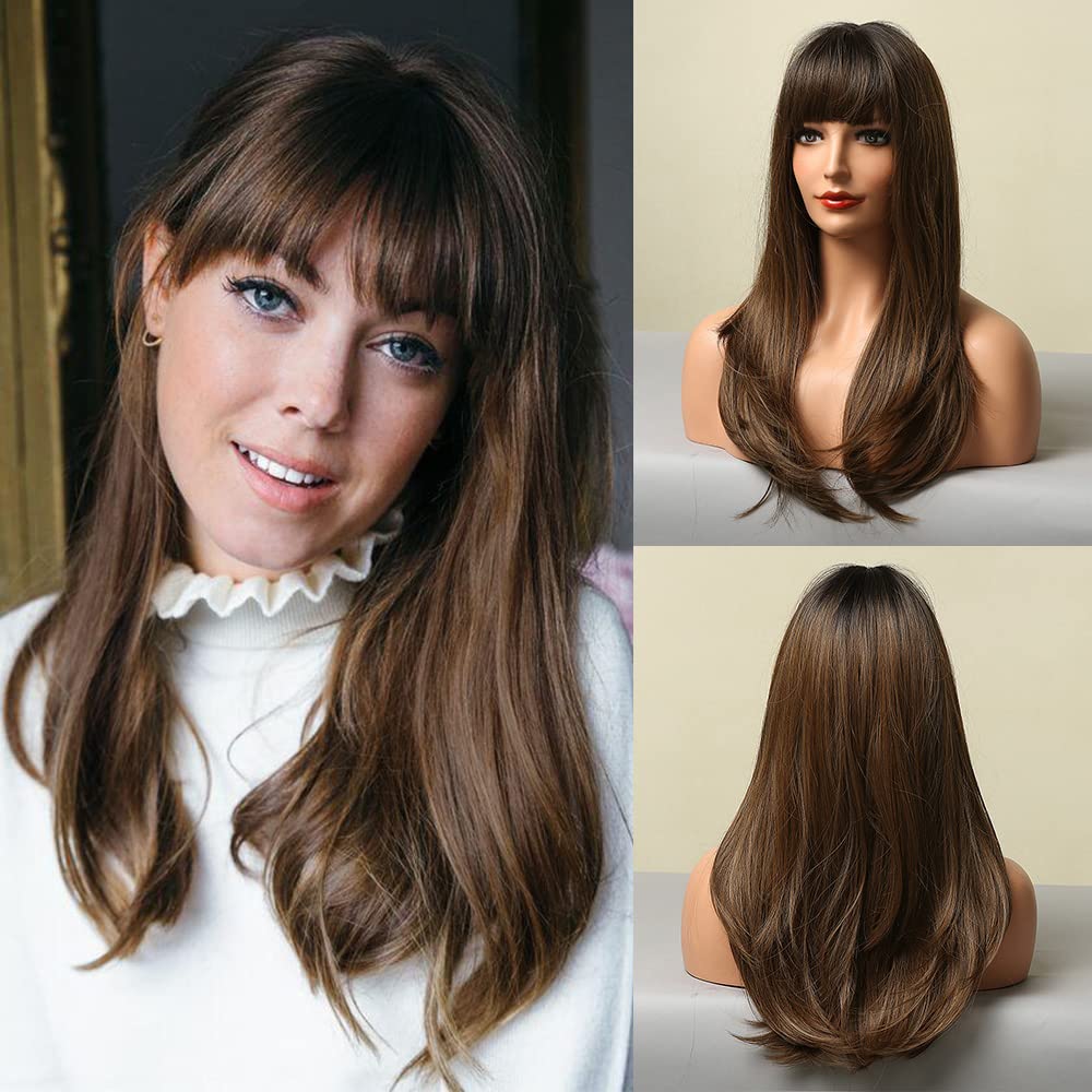 ECIF Brown Wigs For Women Long Straight Layered Wig With Bangs Heat Resistant Fiber Synthetic Wigs Daily Natural Looking