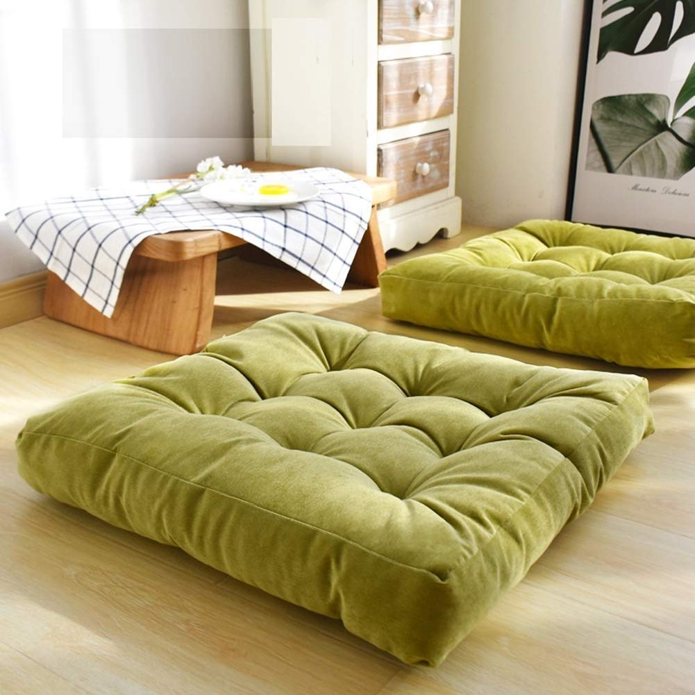 Bukela Solid Square Seat Cushion, Tufted Thicken Pillow Seat Soft Corduroy Chair Pad Tatami Floor Cushion for Yoga Meditation Living Room Balcony, Green, 55x55CM