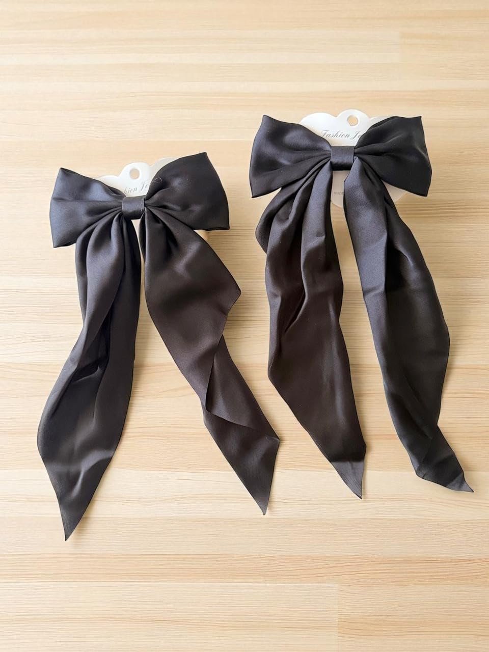 Set of 2 Hair Ribbons with Bow, Hair Clips with Long Tail, Women's Girls' Double Layer Tassel Hair Ribbon, Solid Satin Hair Accessories (Black Z, X Long)