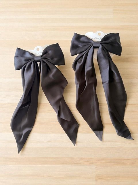 Set of 2 Hair Ribbons with Bow, Hair Clips with Long Tail, Women's Girls' Double Layer Tassel Hair Ribbon, Solid Satin Hair Accessories (Black Z, X Long)