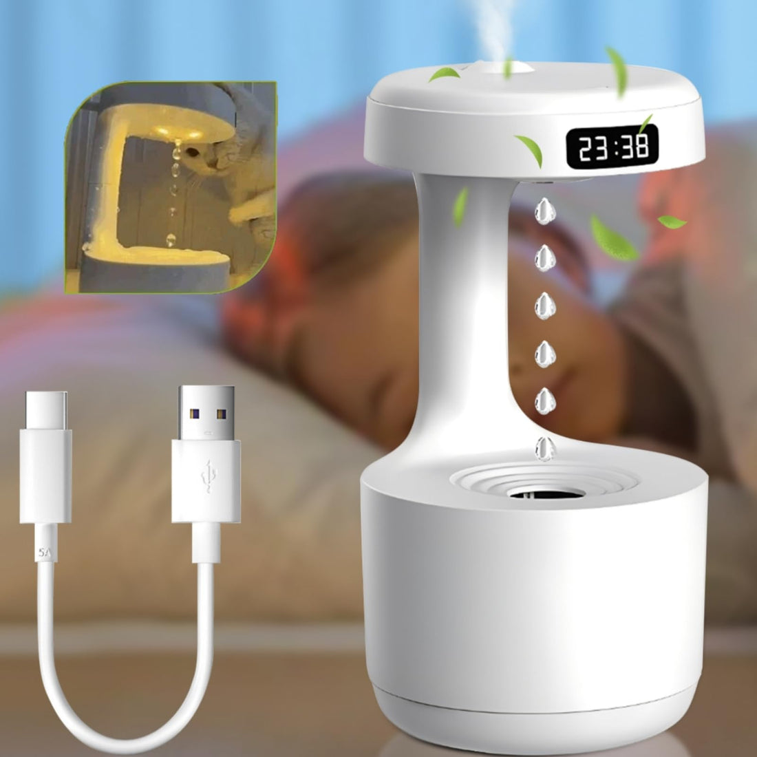 Air Humidifier 800ml, Anti-Gravity Ultrasonic Cool Mist Air Humidifier, Silent Portable Humildifier with 8 Hour Timing Ultrasonic Cool Mist Humidifiers with LED Display Air Purifiers for Bedroom