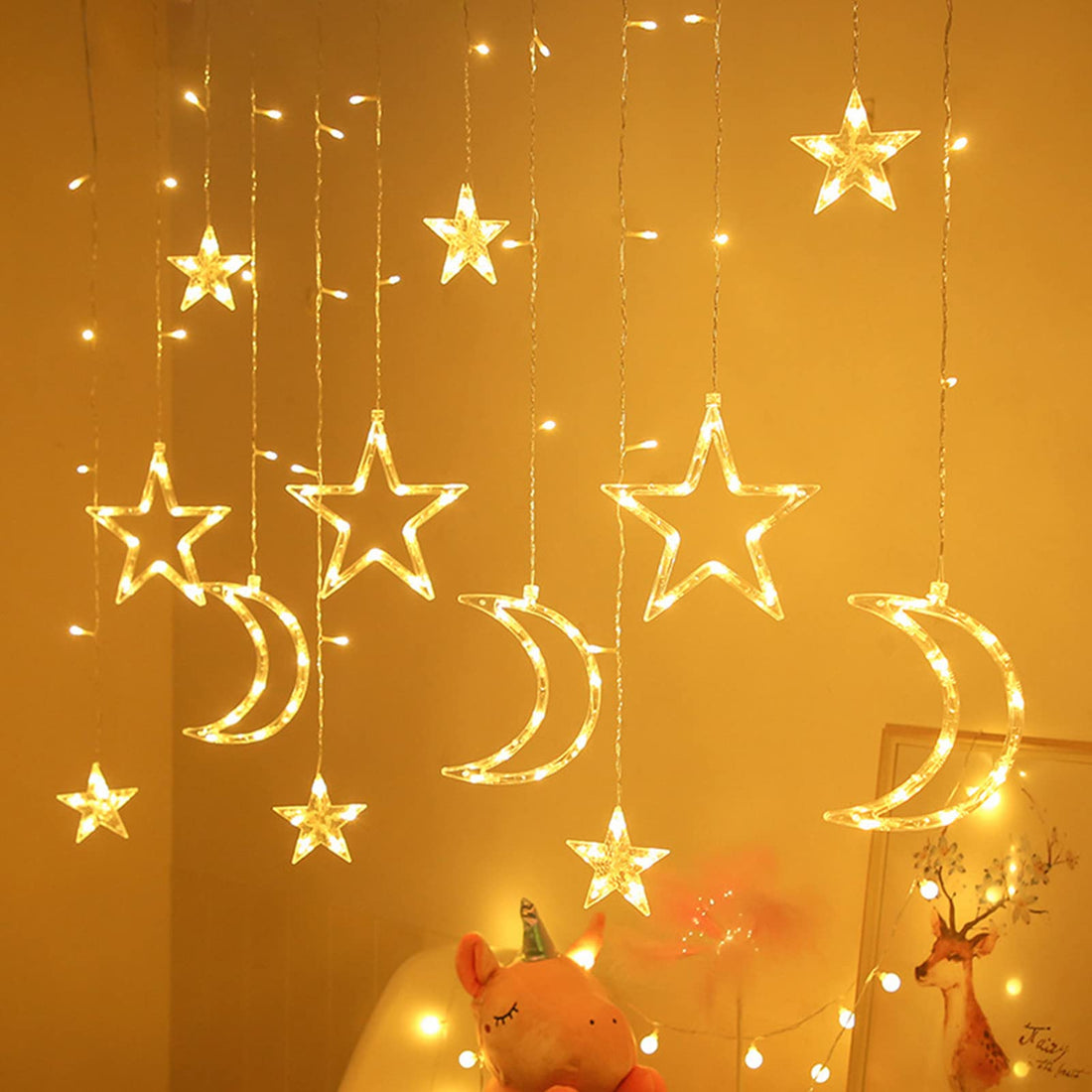 LED Fairy Lights, 126 LED Star Lights,Romantic Star Moon Curtain String Lights with 2 Modes,Battery Powered String Night Lights for Bedroom,Lighting Decor for Window Wall Home Decoration-Warm White
