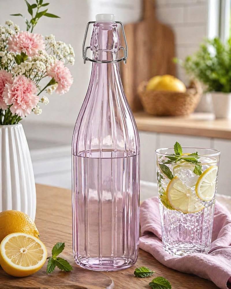 Pink Glass Water Bottle with Clip Lid, 1000ml, Ribbed Style, .sew
