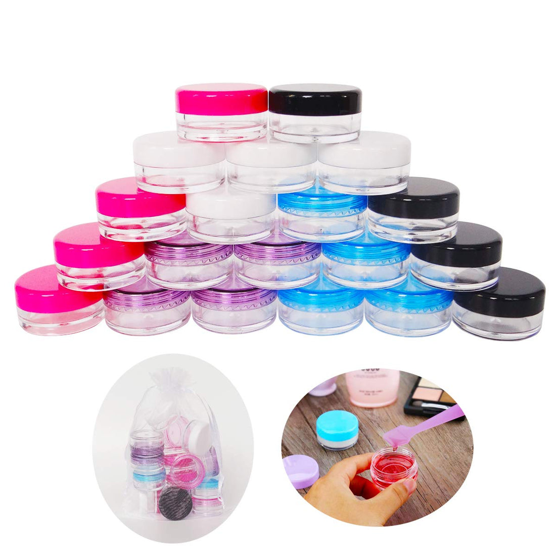 GreatforU 20pack 5g Empty Sample Jars, 5ml Small Cosmetic Container for Makeup Eyeshadow Nails Oils Lip Balm Scrubs Jewelry Cream, 5 Gram Plastic Clear Pot with Cap Lid (Black/White/Pink/Rose Red)