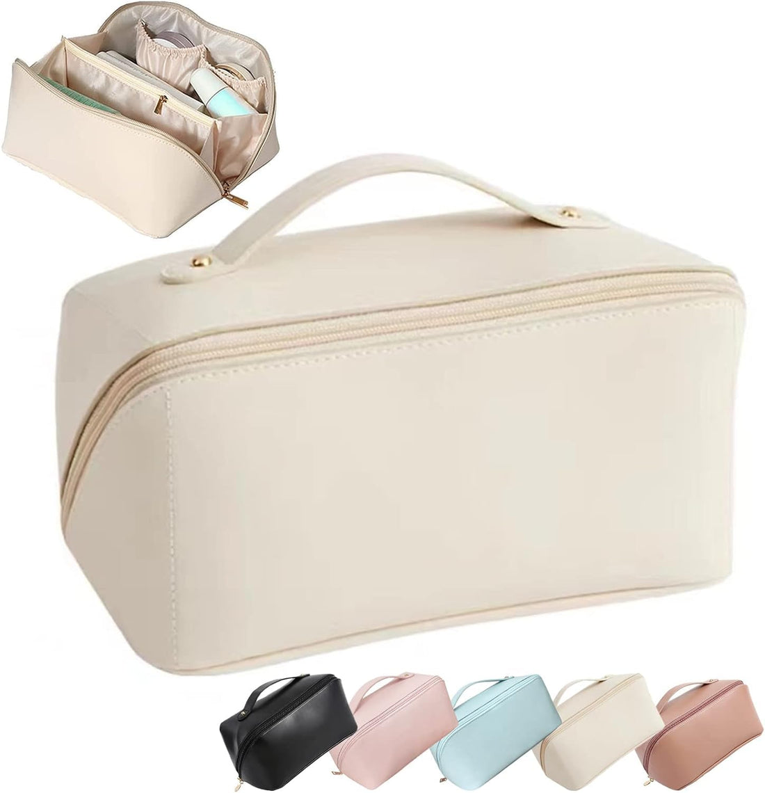 Sprqcart Large Capacity Travel Cosmetic Bag with Handle and Divider - Multifunctional Makeup Bag for Easy Access, Waterproof-, Cream, Travel Accessories