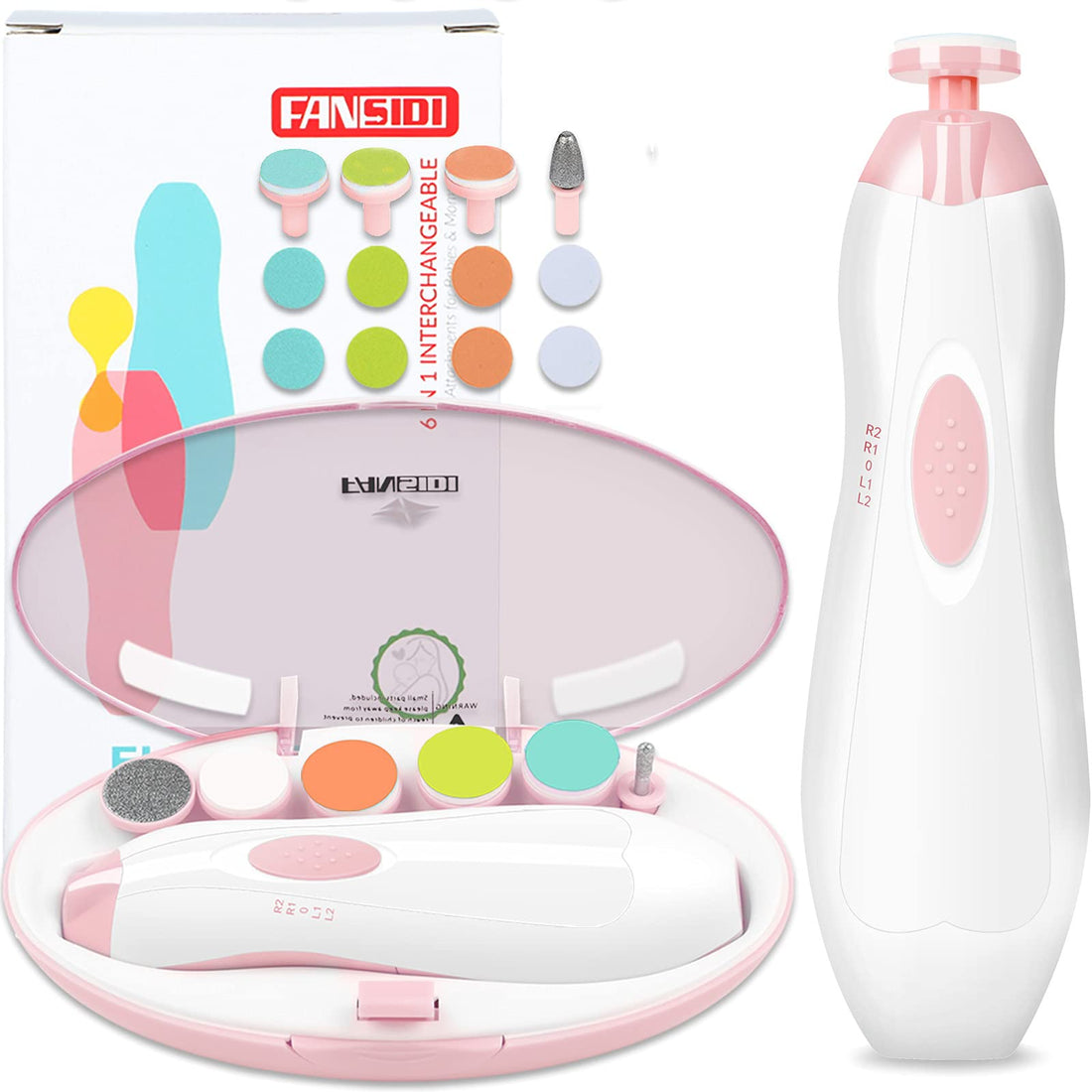 FANSIDI Baby Nail Trimmer Electric, Baby Nail File Infant Nail Clippers with 10 Grinding Pads 8 Sandpapers for Newborn Infant Toddler or Adults Toes Fingernails Care - AA Battery Operated (White/Pink)