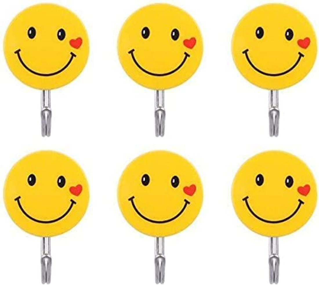 Decorative Smiley Face Wall Hooks, Yellow with Heart Design, Metal Hanging Hooks, Set of 9