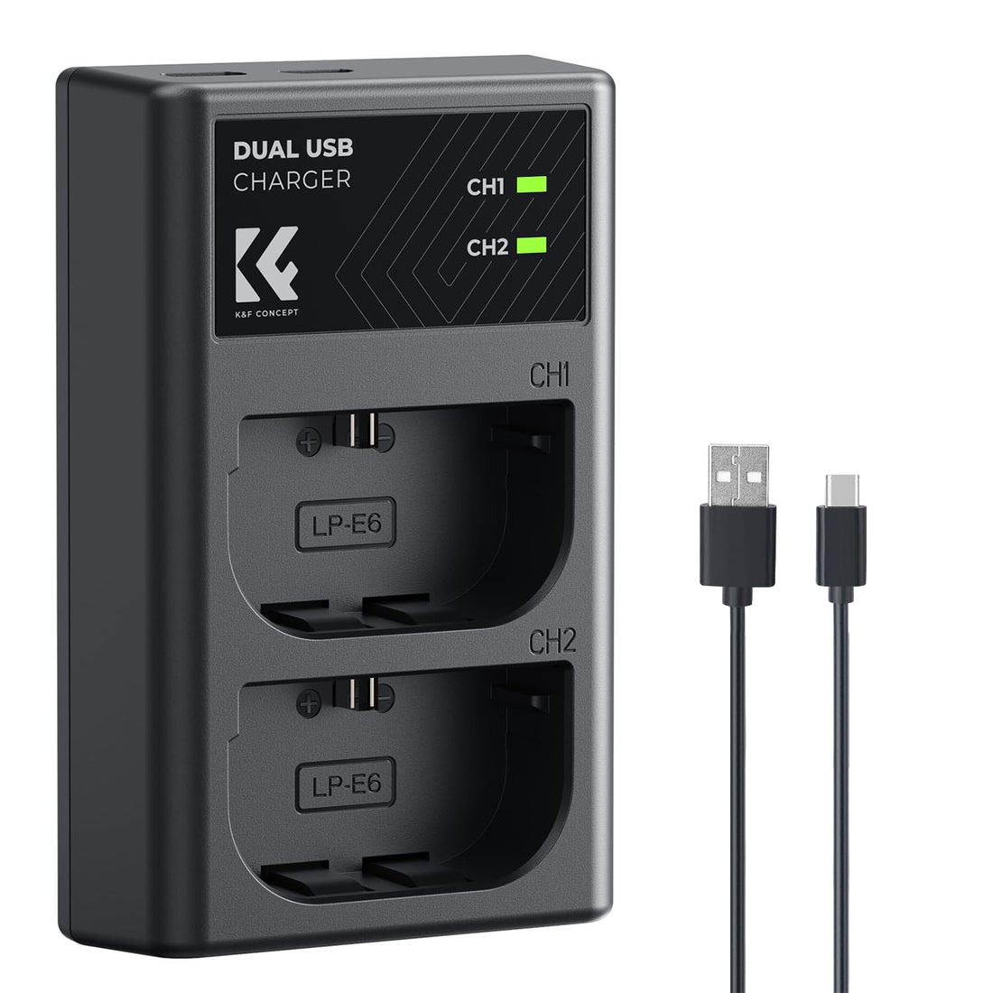 K&F CONCEPT LP-E6/LP-E6N/LP-E6NH Dual Slot Camera Battery Charger, Micro USB and Type-C Port Fast Charger for Canon EOS R5, EOS R6, EOS R, EOS 5D Mark IV, 5D Mark III, 5DS, 5DS R, 5D Mark II, 6D