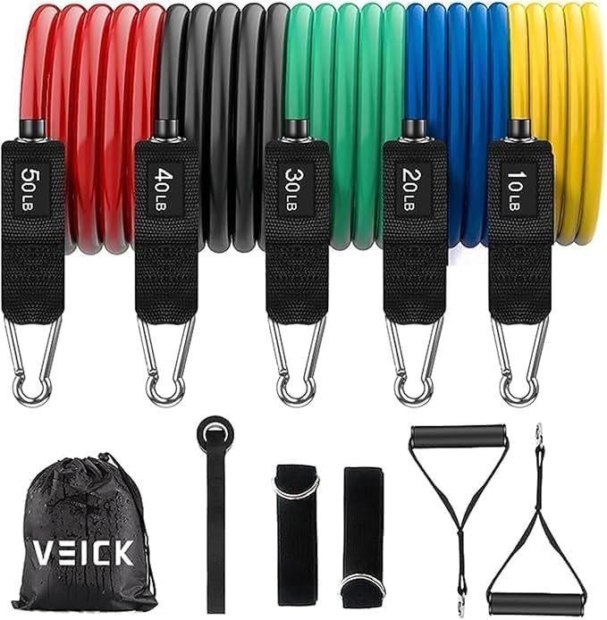 TRUE FIT®A set of unbreakable natural latex resistance bands (11 pieces) for full body workouts and fitness exercises at home and in the gym with grip handles.