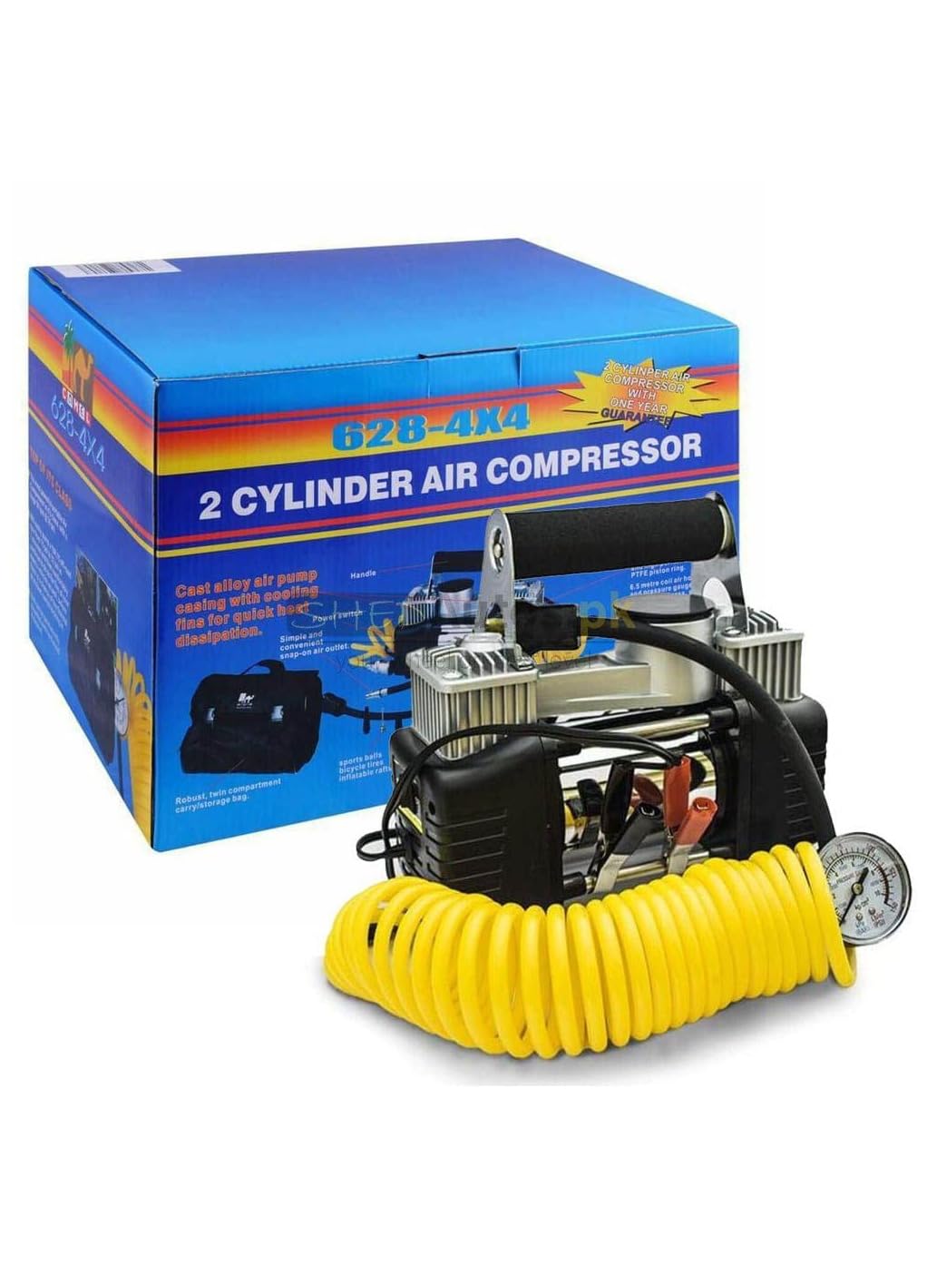 FEND Portable Double Cylinder Air Compressor, 628 4x4 Double Cylinder Tyre Inflator Portable Air Compressor Extension Coil air Hose with Pressure Gauge, Heavy-Duty Metal Tire Pump