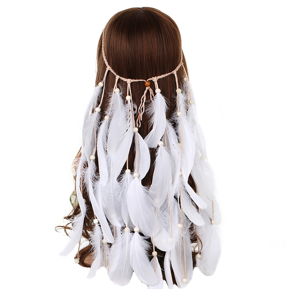 Feather Hairband, Indian Gypsy Headband with White and Brown Feather Tassel, Hemp Rope for Festival, Masquerades, Carnival, Hippie Costume, Prom Accessories for Women