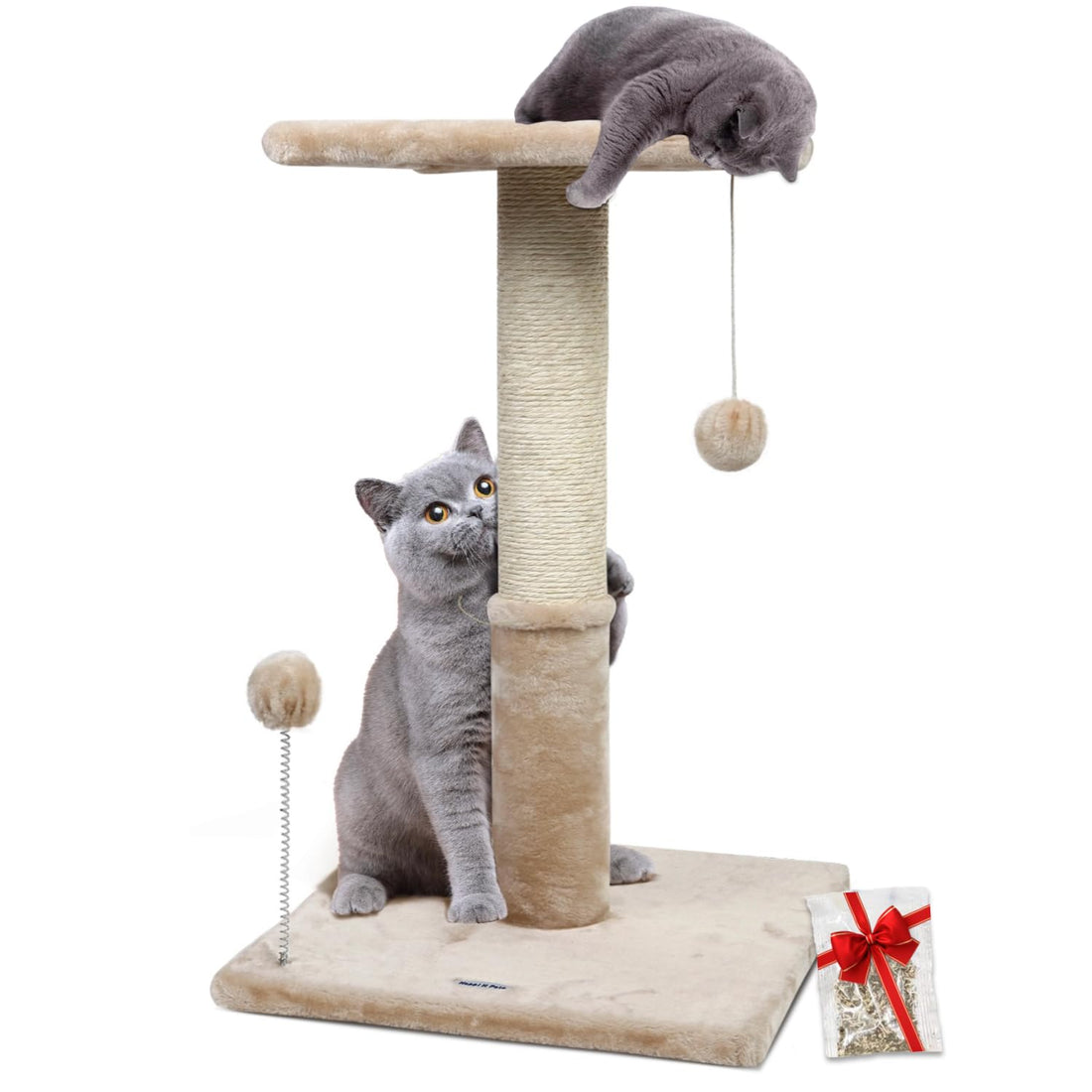 Happi N Pets 26" Cat Scratching Post with Platform, Sisal Cat Tree Tower for Indoor Cats, Featuring with Hanging Balls & Cozy Cat Perch, Stable Cat Scratch Posts for Kittens-Beige