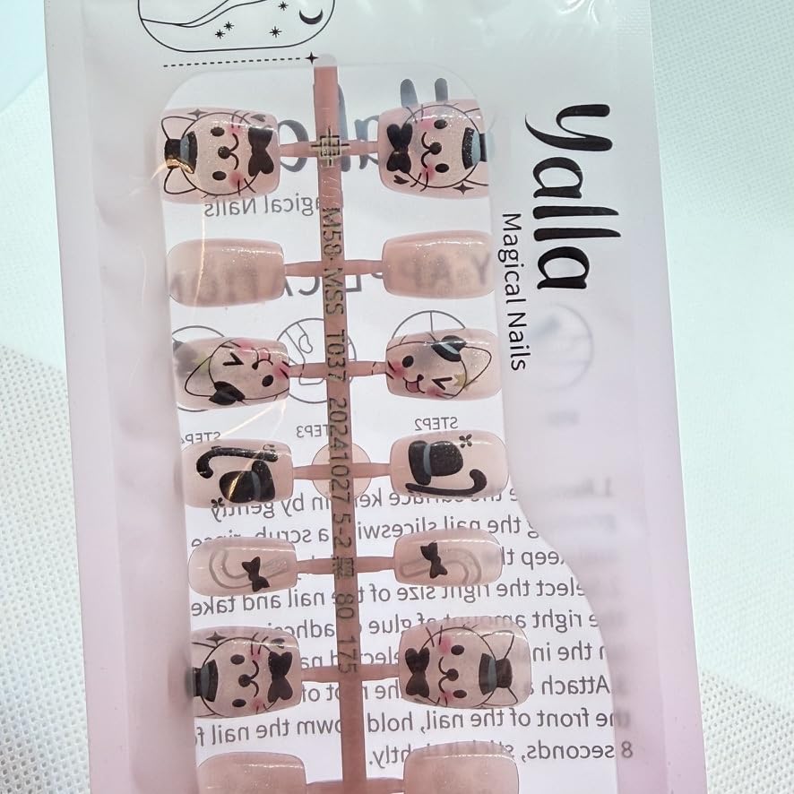 Cat Eye Press On Nails with Artistic Design | Salon Finish Magnetic Effect | Glossy False Nails, Short Length | 12 Designs and Colors (Pink & Cats)
