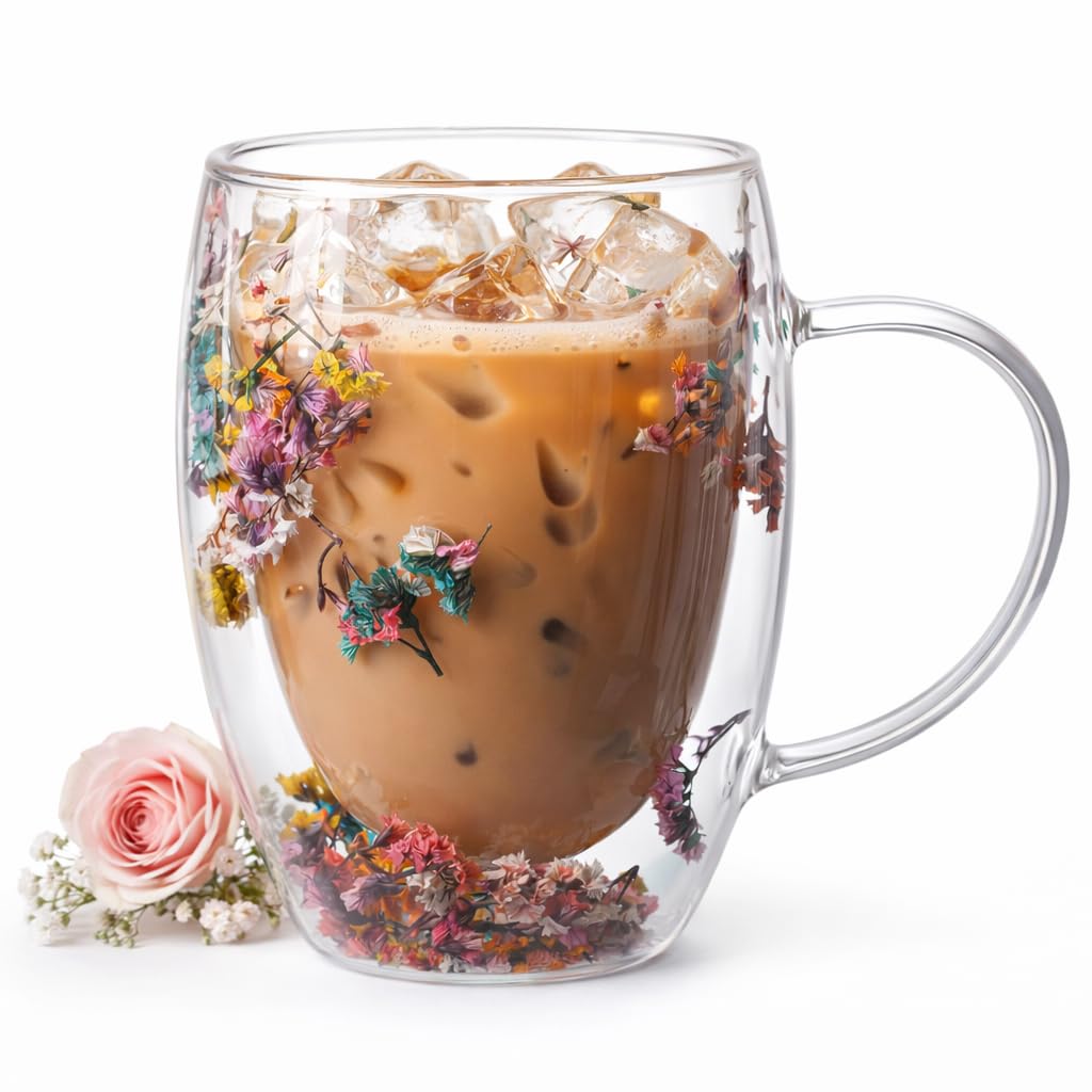 OVA Double Wall Glass Coffee Mugs, Clear Flower Design, Insulated Heat-Resistant Coffee Cups with Handle, Creative Glass Mug for Tea, Cappuccino, Espresso, Latte, Hot and Cold Beverages