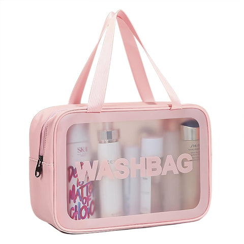Matte Translucent Travel Toiletry Bag features a handy handle and large capacity for cosmetic and shower accessories organization. Pink L.