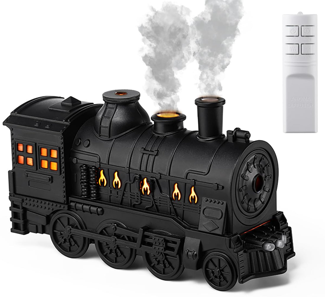Oil Diffuser, Ultrasonic Cute Cooking Locomotive Steam Express Train Flame Aroma Diffuser Humidifier Cool Mist with Jellyfish Smokes, Lights & Sound, for Men, Dad, Kids, Boyfriend