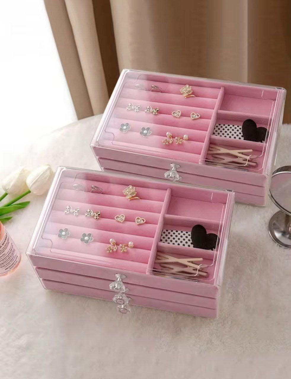 Exquisite and Functional Accessory Organizer - Make your jewelry stand out in style and beauty with this 3 Tier Velvet Accessory Organizer with Crest Handle Generic