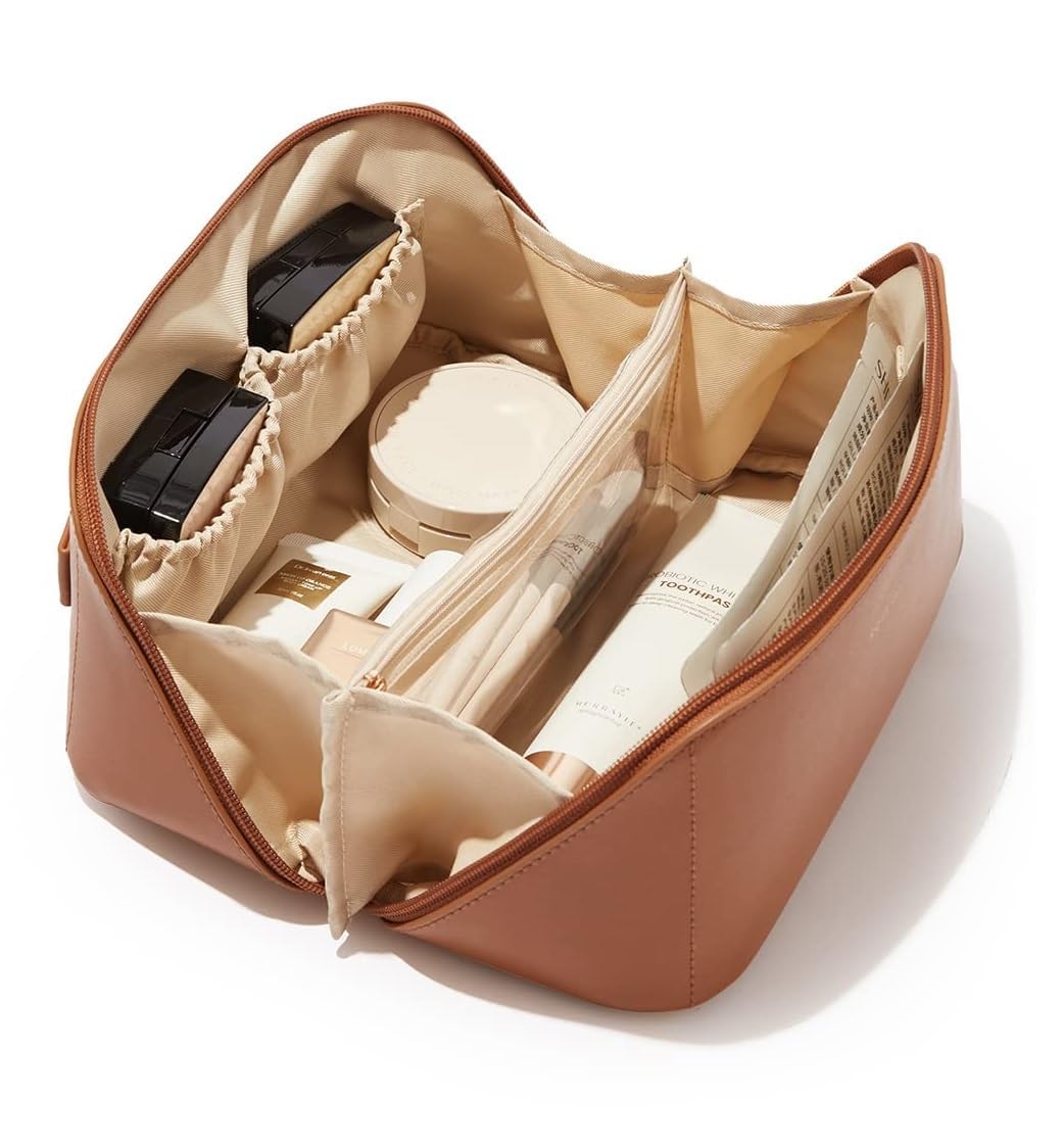 Women’s Large Capacity Cosmetic Travel Bag - Waterproof Leather Makeup Organizer with Wide Opening, Dividers with Handle (Cross Open, Brown)