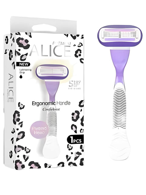 Alice - Razor For Women, Premium Alice, Ergonomic Handle, Pivoted Head, Confidence, New Lubricating Strip, 1 Piece, Purple & White, For Normal Skin (Five Blade, Model - AS-24)