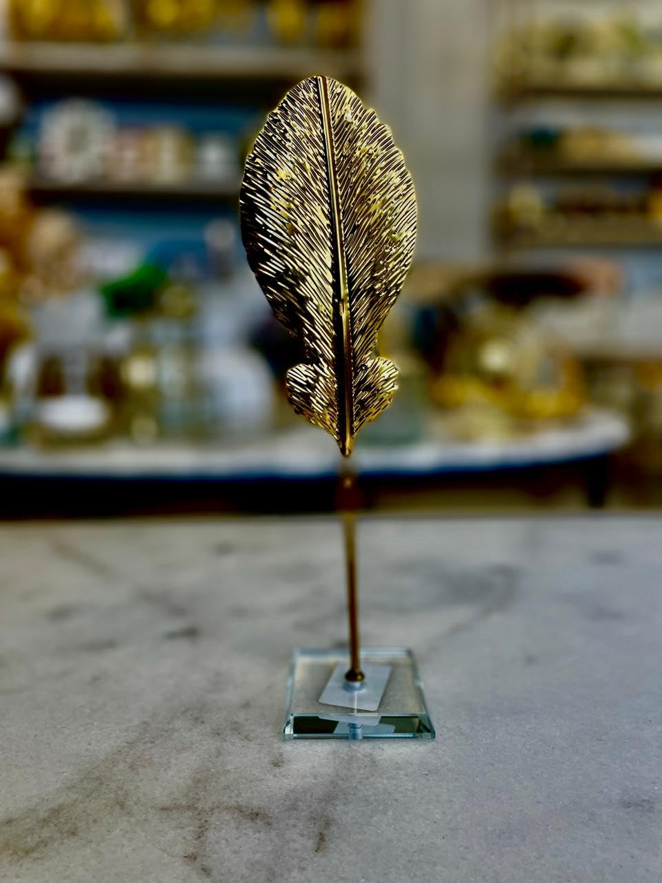 Metal Feather (Gold) For Home Decoration, Office From FLAMINGO With Crystal Base - Shape 3