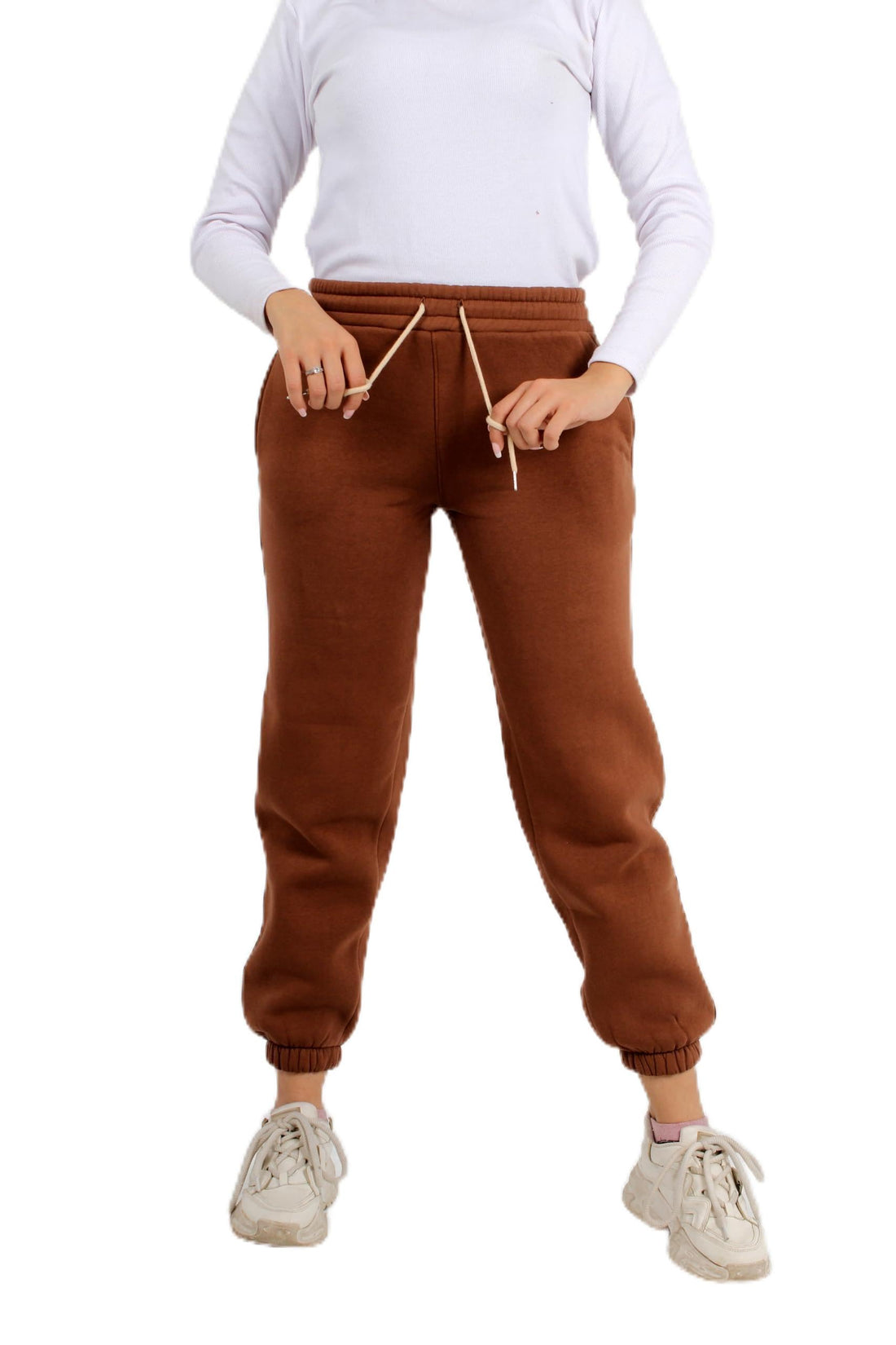 Women Girls Winter Brown 100% Cotton (Milton) Elastic Waist with Drawstring Elastic Ankle 2 Pockets Comfortable Practical Casual Fashion Gym Club College Friends Outings